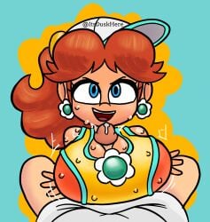 1boy 1girls blue_eyes breasts brown_hair clothed cum female hat human itsduskhere looking_at_viewer male male_pov mario_(series) nintendo paizuri penis ponytail pov precum princess princess_daisy sports_bra super_mario_bros. sweat tagme