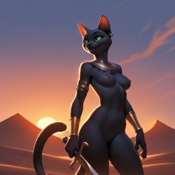ai_generated armlet berto_(artist) black_body cat domestic_cat dunes fantasy feline female generatornowai green_eyes jewelry long_tail pussy sand sunlight sunset sword tail
