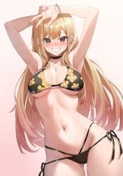 armpits arms_on_head artist_name barbell_piercing bead_bracelet beads bikini black_bikini black_choker blonde_hair blush bracelet breasts choker collarbone cowboy_shot ear_piercing earrings female floral_print gradient_hair grin gyaru hair_between_eyes jewelry kitagawa_marin lace lace_choker large_breasts long_hair looking_at_viewer multi-strapped_bikini multi-strapped_bikini_bottom multicolored_hair nail_polish navel necklace nose_blush piercing pink_background pink_nails print_bikini raijuu_(bakanara) red_eyes red_hair side-tie_bikini_bottom sidelocks simple_background smile solo sono_bisque_doll_wa_koi_wo_suru standing stomach string_bikini swept_bangs swimsuit two-tone_hair very_long_hair w w_over_eye watermark