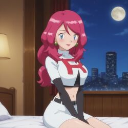 ai_generated blue_eyes earrings fusion hat honey_ jessie_(pokemon) magenta_hair outdoors pink_hair pokemon pokemon_xy serena_(pokemon) serena_(pokemon_games) tagme team_rocket