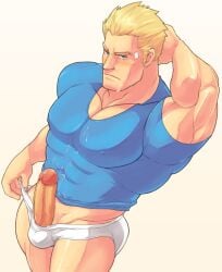 1boy arm_behind_head arm_up balls bandaid bandaid_on_head bara beard_stubble blonde_hair blush briefs cid_highwind closed_mouth collarbone commentary_request covered_abs covered_balls covered_nipples covered_pectorals cum cum_on_body erection facial facial_hair final_fantasy final_fantasy_vii hand_on_own_head looking_at_viewer looking_up magnum_feering male male_focus male_only male_underwear male_underwear_pull muscular muscular_male pectorals penis shirt stubble tight_clothes tight_shirt underwear white_background white_male_underwear