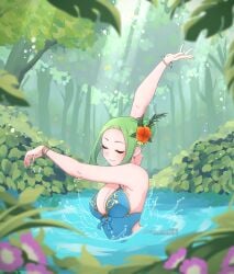 absurd_res alluring alternate_costume alternate_hairstyle arms_up blue_one-piece_bikini bracelet cleavage closed_eyes dancing female fire_emblem fire_emblem:_path_of_radiance fire_emblem:_radiant_dawn flower forest green_hair hair_bun hair_flower hair_ornament high_res jewelry leitz_acaroline medium_breasts nature nephenee_(fire_emblem) nintendo one-piece_bikini smile splashing sunlight swimsuit synchronized_swimming tree water watermark
