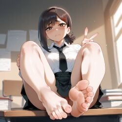 ai_generated artist_request bare_legs black_hair breasts feet feet_together female female_only foot_fetish foot_focus hair_ornament higashiyama_kobeni large_breasts legs_up no_panties office on_desk peace_sign pokipie pussy school_uniform sitting sitting_on_desk skirt soles solo toenails toes upskirt