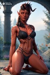 1girls ai_generated artist_name asymmetrical_hair baldur's_gate baldur's_gate_3 barefoot black_bra black_hair black_panties blurry blurry_background bra breasts broken_horn colored_skin demon_girl demon_horns dungeons_and_dragons hi_res horns karlach kneeling long_hair looking_at_viewer medium_breasts multicolored_hair navel outdoors panties pointy_ears r34arts red_hair red_skin solo tail tattoo two-tone_hair underwear yellow_eyes