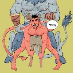 2_horns 5_toes abs anal anal_sex animal_humanoid animal_noises anthro areola arm_scar armwear bent_over biceps biped black_eyebrows black_hair black_text blue_body blue_fur blue_hooves blue_tail_tuft body_hair bovid bovid_humanoid bovine bovine_humanoid breeding_mount brown_armwear brown_clothing brown_horn chest_hair chest_scar clothing cloven_hooves demon demon_humanoid duo english_text european_mythology eyebrows faceless_character faceless_humanoid faceless_male fangs feet fur greek_mythology green_background grey_body grey_skin grey_tail hair hi_res hooves horn horn_grab humanoid humanoid_on_anthro humanoid_on_humanoid humanoid_penetrated humanoid_penetrating humanoid_penetrating_humanoid humanoid_pointy_ears long_tail male male/male male_penetrated male_penetrating male_penetrating_male mammal mammal_humanoid minotaur mooing mostly_nude mostly_nude_humanoid mostly_nude_male muscular muscular_humanoid muscular_male mythology nails nipples nude nude_humanoid nude_male obliques one_eye_closed pecs penetration penile penile_penetration penis_in_ass pink_areola pink_nipples plantigrade pointy_ears red_areola red_body red_skin red_tail red_tongue scar sex short_hair simple_background size_difference smaller_penetrated spade_tail speech_bubble tail tail_grab tail_tuft tan_teeth teeth text toenails toes tongue toxosalvaxe tuft unguligrade yellow_eyes