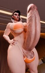 3d big_breasts big_penis black_hair erection exposed_penis fade_(valorant) futa_only futanari giant_penis looking_at_viewer low-angle_view piercing ring ring_piercing self_upload swimsuit tagme tattoo valorant veiny_penis