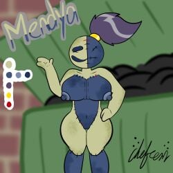 big_breasts blue_body breasts chefrens color_swatch female genitals hair hi_res humanoid humanoid_genitalia humanoid_pussy mendya_(chefrens) open_mouth purple_hair pussy ragdoll_(disambiguation) simple_background smile solo stain thick_thighs trash_can yellow_body