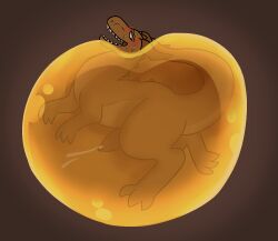 amber_petrification anthro blush bodily_fluids claws dinosaur erection genital_fluids genitals inanimate_transformation kobold lizard male nude open_mouth penis petrification prehistoric prehistoric_species reptile scalie solo sstinkies stuck_in_goo teeth theropod transformation