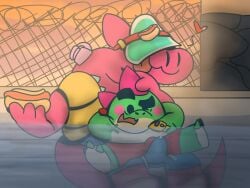 anthro blep brawl_stars bulge buzz_(brawl_stars) clothed clothing dinosaur doug_(brawl_stars) duo food frottage_through_clothing green_body hi_res hot_dog imminent_sex jacksafterdark life_jacket lifeguard_swimsuit male male/male pink_body prehistoric_species public reptile scalie sunset supercell_(company) surprised swimming_pool swimwear tongue tongue_out