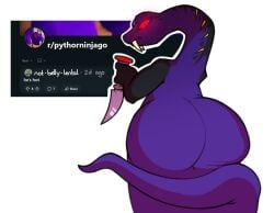 2025 anacondrai anthro apode ass big_butt dagger draconcopode english_description english_text fangs fat_ass furry glowing glowing_eyes holding_dagger holding_melee_weapon holding_object holding_weapon lechecker legless long_neck looking_back male melee_weapon mouth_closed naga purple_body purple_scales pythor_(ninjago) rear_view red_eyes reptile scales scalie serpentine serpentine_(ninjago) simple_background snake solo standing teeth text weapon white_background