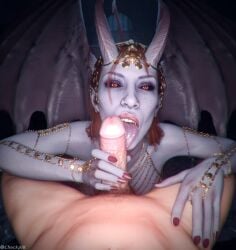 1boy 1girls 3d baldur's_gate_3 checkpik demon_girl fantasy female horns interspecies light-skinned_male male mizora oral oral_sex pov pov_eye_contact tail wings