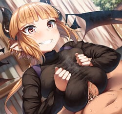 1boy bangs bat_wings belko black_shirt blonde_hair blush book bookshelf borrowed_character breast_squeeze breasts brother_and_sister character_request commentary_request cum cum_bridge cum_on_body cum_on_breasts cum_on_clothes cum_on_upper_body cum_string demon_girl ejaculation_between_breasts eyebrows_visible_through_hair female grin highres horns incest indoors large_breasts lolicept long_hair male_pubic_hair navel original paizuri paizuri_under_clothes parted_lips plant pointy_ears pubic_hair red_eyes shirt smile solo_focus succubus wings