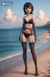 1girls ai_generated artist_name ass_visible_through_thighs beach black_bra black_garter_belt black_gloves black_hair black_lips black_nails black_panties black_thighhighs blue_eyes blue_sky bow bow_bra bow_panties bra breasts cleavage cloud collarbone day elbow_gloves eyeshadow fingerless_gloves full_body garter_belt gloves hi_res horizon hotel_transylvania legs lingerie lipstick looking_at_viewer makeup mavis_dracula medium_breasts nail_polish navel ocean open_mouth outdoors panties r34arts sand short_hair side-tie_panties sky smile solo standing teeth thighhighs toenail_polish toenails toes underwear underwear_only vampire vampire_girl vampire_teeth water