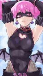 absurdres arm_up armpits bat_wings black_bodysuit black_mask bodysuit boku_no_hero_academia bow breasts clothing_cutout curvy demon_girl detached_sleeves earrings eye_mask female fengling_(furin-jp) haneyama_kazuho heart heart_cutout highleg highleg_leotard highres jewelry leotard leotard_under_clothes looking_at_viewer looking_down mask non-web_source pantyhose pink_hair red_eyes sky smile solo superhero_costume turtleneck twintails vigilante:_my_hero_academia_illegals wide_hips wings
