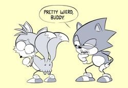 2boys anthro anus balls canine diphallia diphallism duo english_text fox from_behind furry hedgehog hotdiggedydemon_(artist) humor looking_back male male_only mammal multi_anus multi_balls multi_genitalia multi_penis penis raised_tail simple_background sonic_(series) sonic_the_hedgehog speech_bubble stick_arms stick_legs tails text toony what