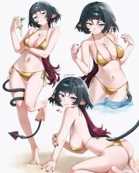 absurdres animal_ears bare_shoulders bikini blush breasts collarbone female gold_bikini highres jane_doe_(zenless_zone_zero) large_breasts long_hair looking_at_viewer mouse_ears mouse_girl mouse_tail multiple_views navel smile swimsuit tail thighs waligner zenless_zone_zero