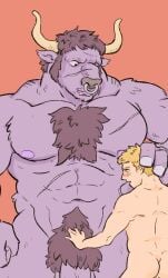 2024 2_horns 5_fingers abdominal_scar abs anthro areola ass black_eyes blonde_eyebrows blonde_hair blush body_hair bovid bovine cattle chest_hair chest_scar colored_nails curved_horn delicious_in_dungeon duo european_mythology eyebrows facial_hair facial_piercing facial_scar fingernails fingers fur greek_mythology grey_fingernails grey_hair grey_nails grey_nose grey_pubes hair hand_on_crotch hand_on_hand horn human human_on_anthro interspecies laios_touden larger_anthro looking_down male male/male male_anthro male_human mammal minotaur muscular muscular_anthro muscular_male mythology nails navel nose_piercing nose_ring nude nude_anthro nude_human nude_male pecs piercing pink_areola pink_teeth pubes purple_body purple_fur ring_piercing scar septum_piercing septum_ring short_hair sideburns size_difference smaller_human snout tan_horn teeth toxosalvaxe