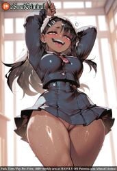 ai_generated arms_up asmutcriminal black_hair blurry blurry_background blurry_foreground blush breasts classroom curtains dark-skinned_female dark_skin day depth_of_field earrings eyebrows_visible_through_hair female hair_ornament hairclip half-closed_eyes indoors jewelry large_breasts long_hair long_sleeves looking_at_viewer mole mole_on_thigh mole_under_eye motion_blur nagatoro_hayase no_panties open_mouth pussy_juice rei_no_pool school school_uniform sharp_teeth skirt smile solo standing sweat tagme tan tanlines teeth thick_thighs thighs tongue virtual_youtuber wide_hips window