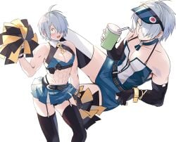 alternate_costume black_legwear black_thighhighs blush bulge cheerleader cheerleader_uniform cleavage_cutout crossdressing dilf drink elbow_gloves femboy femboy_dilf fingerless_gloves garter_straps gegege_no_kitarou gloves hair_over_one_eye kitarou_tanjou_gegege_no_nazo looking_at_viewer male male_only masculine_crossdresser medama_oyaji_(human) muscular muscular_male pectoral_cleavage pom_poms short_shorts skirt smile solo stockings thick_thighs thighhighs tnk_tmtm visor white_hair zettai_ryouiki