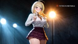 ahoge ai_generated akamatsu_kaede blonde_hair blush breasts clenched_hands closed_mouth cowboy_shot danganronpa_(series) danganronpa_v3:_killing_harmony female hair_ornament large_breasts long_hair long_sleeves looking_at_viewer meitabuu musical_note musical_note_hair_ornament necktie pelvic_curtain shirt skirt smile solo standing thick_thighs thighs white_shirt