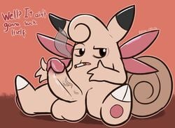 anthro balls big_penis cigarette circumcised clefable dialogue english_text erection felino flat_colors humanoid_penis looking_away male male_only nintendo nude penis pokémon_(species) pokemon sitting smoke smoking solo spread_legs spreading text unimpressed vein veiny_penis video_games