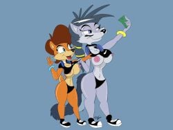 anthro archie_comics areola assisted_exposure big_breasts black_bra black_clothing black_nose black_panties black_underwear blue_background blue_eyes bra bracelet breasts brown_hair canid canine canis chipmunk choker clothing countershade_face countershade_tail countershade_torso countershading duo electronics female footwear fur gesture grey_body grey_countershading grey_fur grey_hair grey_inner_ear ground_squirrel hand_gesture headphones headphones_around_neck hi_res jewelry jrxt lupe_the_wolf mammal necklace nipples open_mouth open_smile orange_body orange_fur orange_tail panties pink_areola pink_nipples red_tongue rodent sally_acorn sciurid sega selfie shoes simple_background smile sneakers sonic_(series) sonic_the_hedgehog_(archie) sonic_the_hedgehog_(comics) sonic_the_hedgehog_(series) standing tail tan_body tan_countershading tan_fur tongue underwear v_sign white_choker white_jewelry white_necklace wolf