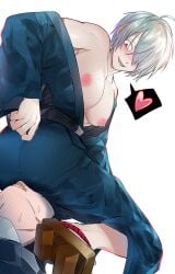 2boys ass big_ass big_pecs blush dilf facesitting fangs gay gegege_no_kitarou geta grin hair_over_one_eye japanese_clothes kimono kitarou_tanjou_gegege_no_nazo looking_back male medama_oyaji_(human) mizuki_(gegege_no_kitarou) nipples off_shoulder pale-skinned_male pale_skin pecs puffy_nipples red_eyes sitting sitting_on_person smile solo_focus spoken_heart squatting sweat tnk_tmtm white_hair yaoi