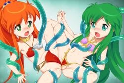 2girls armor ayanokouji_rem bikini bikini_armor bikini_bottom_aside bikini_pull blush breasts caron_(rall) clothes_pull clothing_aside commentary_request commission commissioner_upload crossover dream_hunter_rem fugetsu_taku green_eyes green_hair holding_hands long_hair multicolored_bikini multiple_girls navel open_mouth orange_hair pink_bikini ponytail pussy_sandwich rape red_bikini restrained sf_choujigen_densetsu_rall skeb_commission small_breasts spread_legs swimsuit tentacle thighs trait_connection two-tone_bikini very_long_hair