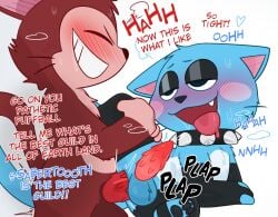 anal anal_sex animal_genitalia animal_penis anthro balls black_eyeshadow blue_body blue_fur bodily_fluids closed_eyes clothing collar crushpepper dialogue duo english_text exceed eyeshadow fairy_tail felid feline feline_genitalia feline_penis fur genitals grin happy_(fairy_tail) hi_res lector_(fairy_tail) legwear makeup male male/male male_penetrated male_penetrating male_penetrating_male mammal moan narrowed_eyes onomatopoeia open_mouth open_smile penetration penile penile_penetration penile_spines penis penis_in_ass red_body red_fur sex sheath simple_background smile sound_effects spiked_collar spikes stockings sweat tail text tongue tongue_out whiskers white_background