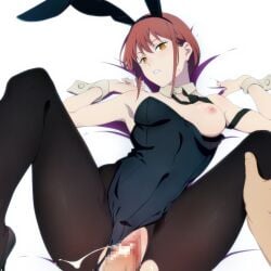 arms_up bed_sheet black_leotard black_pantyhose breasts censored chainsaw_man cum cum_in_pussy female highres leotard leotard_pull lying m_legs makima_(chainsaw_man) medium_breasts mosaic_censoring on_back one_breast_out pantyhose parted_lips penis playboy_bunny pussy red_hair ringed_eyes sex solo_focus toraya_(doujintraya) torn_clothes torn_pantyhose vaginal_penetration wrist_cuffs yellow_eyes