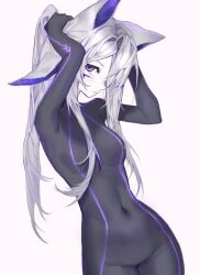 animal_ears arms_up blush bodysuit breasts closed_mouth covered_navel cowboy_shot diagonal_stripes dya_rikku_(vtuber) eyebrows_visible_through_hair female long_hair looking_at_viewer navel purple_eyes silver_hair skin_tight solo standing striped striped_background vertical_stripes vyugen