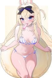 animal_ears bangs bare_shoulders bikini blonde_hair blue_bikini blue_eyes blush breasts bunny_ears collarbone eyebrows_visible_through_hair female front-tie_bikini front-tie_top hairbow innertube long_hair looking_at_viewer medium_breasts mouth_hold navel ribbon side-tie_bikini sitting smile solo stomach striped striped_bikini swimsuit thigh_gap two_side_up vertical_stripes vyugen yenko