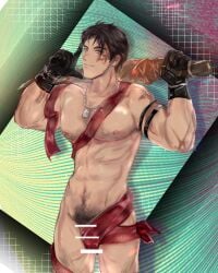 1boy body_hair chain_necklace covered_penis dog_tag gloves holding_sword j_(reverse:1999) joe_brown leather_gloves male muscular muscular_male pixiv reverse:1999 scar_on_face scars white_bar_censoring