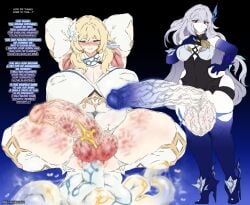 2futas anal_slime armpit_stubble bellacabasada defeated dialogue futa_on_futa futa_only futanari genshin_impact gigantic_breasts gigantic_penis huge_breasts hyper_penis lumine_(genshin_impact) pseudo_scat scat skirk_(genshin_impact) squatting stubble text unusual_scat weight_gain