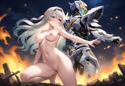 ai_generated back_to_back blush breasts censored completely_nude debris dynamic_pose female fire firefly_(honkai:_star_rail) from_below funky_soda honkai:_star_rail kneeling large_breasts mosaic_censoring navel night nipples nsfw outdoors pussy sam_(honkai:_star_rail) serious sparks