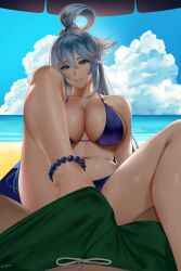 1boy anklet aqua_(konosuba) artist_name bare_shoulders beach bead_anklet beads bikini blue_bikini blue_eyes blue_hair blue_sky breasts cleavage cloud cloudy_sky collarbone day easonx female foot_out_of_frame footjob footjob_under_clothes green_male_swimwear grin hair_between_eyes hair_rings highres jewelry knee_up kono_subarashii_sekai_ni_shukufuku_wo! large_breasts legs long_hair looking_at_viewer male_swimwear navel ocean outdoors parasol pink_lips purple_bikini sand single_hair_ring sky smile solo_focus stomach swimsuit thighs umbrella