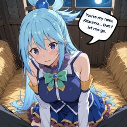 ai_generated aqua_(konosuba) blue_dress blue_hair dress_slipping hay kono_subarashii_sekai_ni_shukufuku_wo! leaning_forward moonlight night pov purple_eyes speech_bubble stable vulnerable