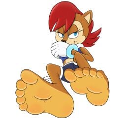 5_toes anthro archie_comics barefoot black_bottomwear black_clothing black_shorts blue_clothing blue_eyes blue_topwear bottomwear clothing covering covering_mouth feet feetymcfoot female foot_fetish foot_focus furry gloves handwear hi_res humanoid_feet looking_at_viewer mammal plantigrade red_hair rodent sally_acorn sciurid sega shorts soles solo sonic_(series) sonic_the_hedgehog_(archie) sonic_the_hedgehog_(comics) sonic_the_hedgehog_(series) sorcererlance toes topwear tree_squirrel two_tone_feet white_clothing white_gloves white_handwear