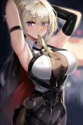 absurdres armpits arms_behind_head black_coat black_gloves black_pants blonde_hair blurry blurry_background breasts cleavage coat commentary_request elbow_gloves evelyn_chevalier female gloves highres korean_commentary large_breasts looking_at_viewer mouth_hold necktie necktie_in_mouth pants purple_eyes sanfu_(sanfu9800) see-through_cleavage see-through_clothes shirt short_hair solo white_shirt yellow_necktie zenless_zone_zero