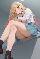 ai_generated alluring blonde_hair blue_skirt female high_res kitagawa_marin long_hair looking_at_viewer miniskirt my_dress_up_darling pink_eyes school_uniform short_sleeves sideboob simple_background sitting smile sono_bisque_doll_wa_koi_wo_suru thigh_high_socks thighs upper_body white_shirt young_woman