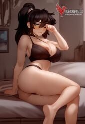 1girls 2d ai_generated ass bare_shoulders barefeet big_ass big_breasts black_bra black_hair black_panties breasts erophoenix feet female female_focus from_behind full_body glowing_eyes huge_breasts looking_at_viewer looking_back milf nude older_woman pale_skinned_female patreon_username ponytail renee_graves shorts sleepy_eyes smile soles solo solo_female sweat the_coffin_of_andy_and_leyley thick thick_thighs toes uncensored underwear v voluptuous