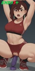 2025 ai_generated ayase_momo big_breasts dandadan dildo dildo_in_pussy ends34 female female_only shorts sports_bra sports_uniform sportswear squatting