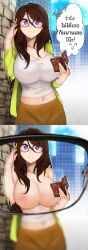 1girls 2koma brown_hair cleavage drawgach female female_only glasses hi_res huge_breasts human looking_at_viewer purple_eyes see-through_clothing solo x-ray x-ray_glasses