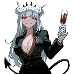 absurdres black_tail breasts business_suit cleavage crown cup demon_girl demon_horns demon_tail drinking_glass female formal_clothes gloves helltaker highres holding horns large_breasts long_hair looking_at_viewer lucifer_(helltaker) mole mole_under_eye red_eyes red_shirt shirt smile solo suit tail unbuttoned white_background white_hair white_horns wine_glass zeon_(zzeeonn)