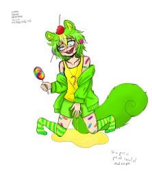 1boy blush candy green_hair happy_tree_friends humanized kneeling lollipop male nutty_(htf) omorashi peeing peeing_self squirrel striped_socks tears twink wetting wetting_self
