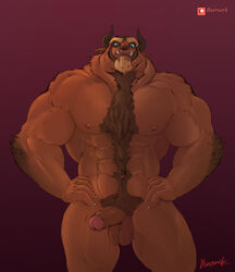 1boy 2017 abs anthro arm_hair balls beard beast_(disney) beauty_and_the_beast blue_eyes body_hair brown_balls brown_fur brown_penis chest_hair claws disney erection facial_hair fur gradient_background happy_trail horn huge_muscles looking_at_viewer male male_only monster muscular nipples nude painis18 partially_retracted_foreskin pecs penis simple_background solo thick_lips tuft tusks uncut