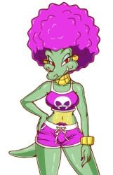 afro anthro blue_eyeshadow bracelet breasts cameltoe crocodilian crop_top cropped dolphin_shorts donkey_kong_(series) donkey_kong_barrel_blast earrings eyelashes fangs female green_skin gummidx kalypso kremling medium_breasts midriff nails_painted necklace pubic_hair purple_clothing purple_hair red_eyes scales scalie scalie_female scalie_humanoid scalie_only snout tagme tail white_background