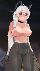 black_legwear black_pants breasts choker choker_only goat_girl goat_horns horns large_breasts leaning leaning_on_object nude nude_female open_shirt red_eyes red_highlights see-through_clothing tight_pants white_hair white_shirt wuthering_waves zani_(wuthering_waves) zenlesslilly