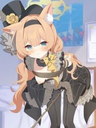 animal_ear_fluff animal_ears arms_behind_back black_headband black_overskirt blue_archive blush bondage bound bound_arms breasts choker dress female femsub flower flower_hat fluffy_hair frilled_choker frills grey_dress grey_feathers halo hamuta_(machosbrown) hanging_breasts hat hat_flower headband highres idol idol_clothes long_hair looking_at_viewer low_twintails mari_(blue_archive) mari_(idol)_(blue_archive) mini_hat mini_top_hat nervous_smile nipples official_alternate_costume one_breast_out orange_hair rope rope_walking rose small_breasts smile solo top_hat twintails yellow_flower yellow_halo yellow_rose