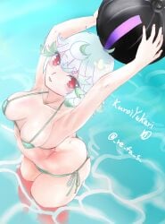 armpits arms_up beach_ball bikini female female_only high-angle_view kuroiyukari looking_at_viewer made_in_abyss medium_breasts nipple_bulge partially_submerged prushka red_eyes short_hair solo two_tone_hair white_hair